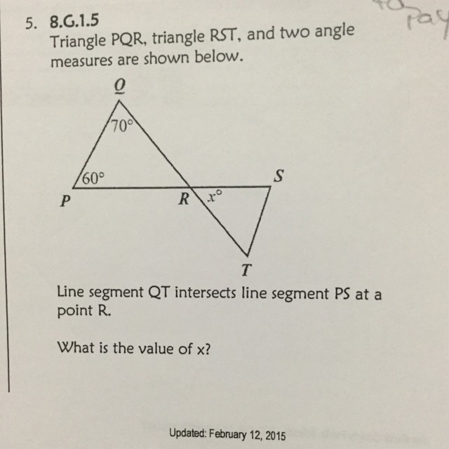 Triangle PQR,Triangle RST,and two angle measures are shown below. Line segment QT-example-1