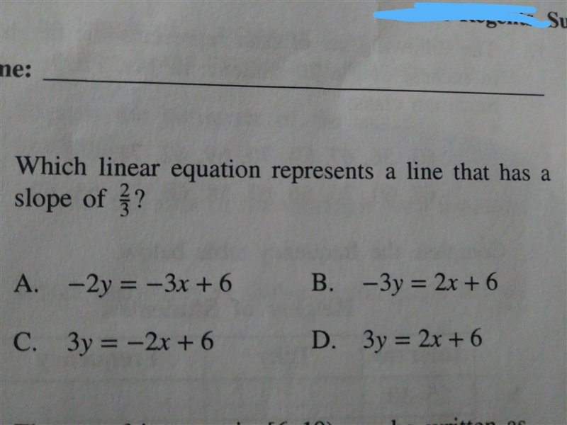 Which linear equation represents a line that has a slope of 2/3-example-1