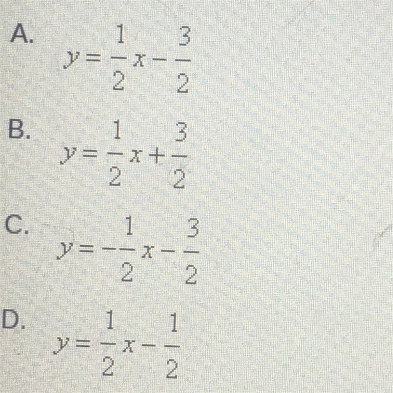 PLS HELP!! A line passes through the point (0, -3/2) and has a slope of 1/2. what-example-1