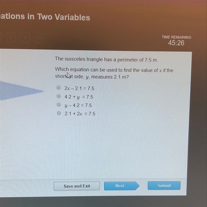 The isosceles triangle has a perimeter of 7.5 m Which equation can be used to find-example-1