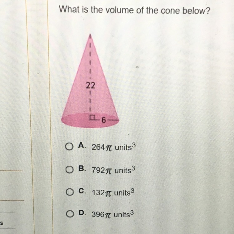 ❕What is the volume of the cone below? •thanks to all who try to help out!-example-1