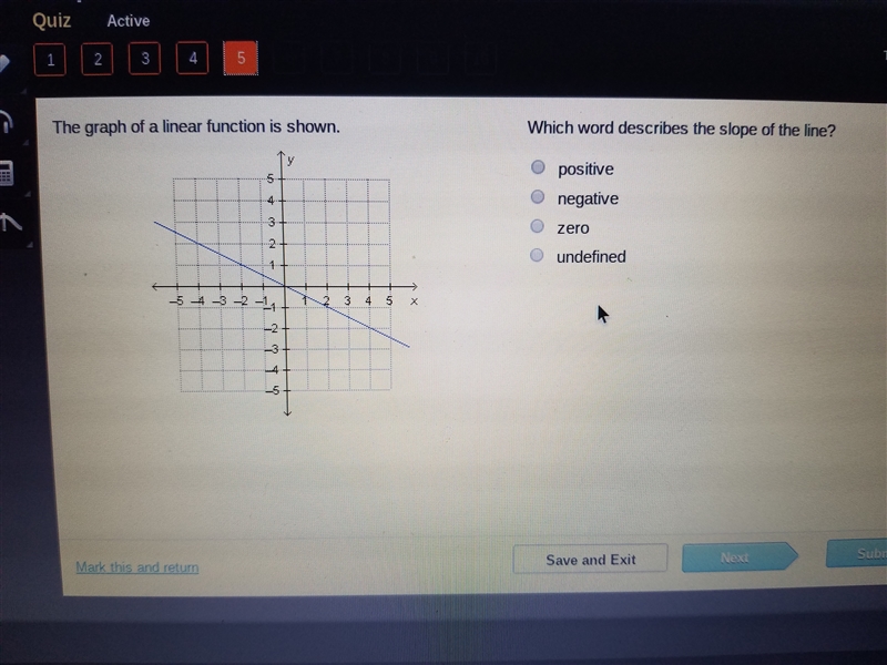 The graph of a linear function is shown which word describes the slope of the line-example-1