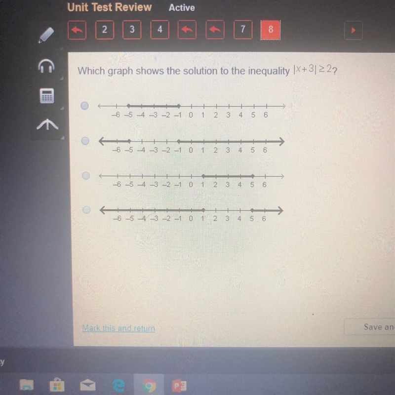 Which graph shows the solution to the inequality |x+3|> or equal 2-example-1