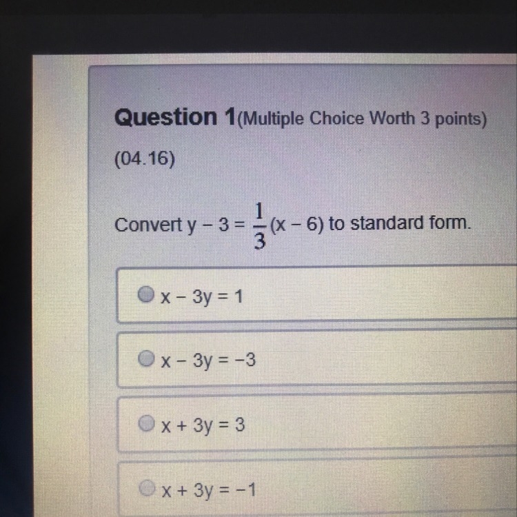 Convert y - 3 = 1/3 (x - 6) to standard form.-example-1