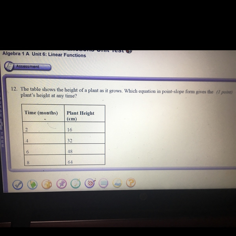 The table shows the height of a plant as it grows. Which equation in point-slope form-example-1