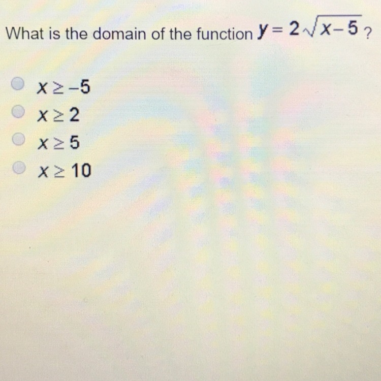 What is the domain of the function y=2 sqrt x-5?-example-1