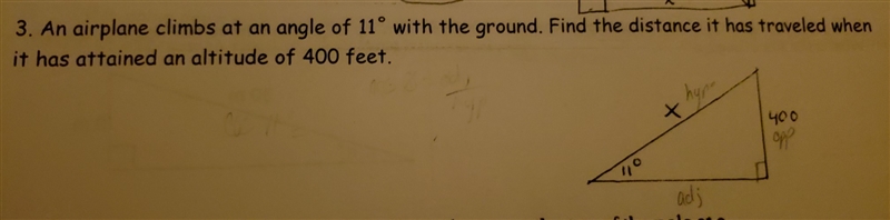 An airplane climbs at an angle of 11 degrees with the ground. Find the distance it-example-1