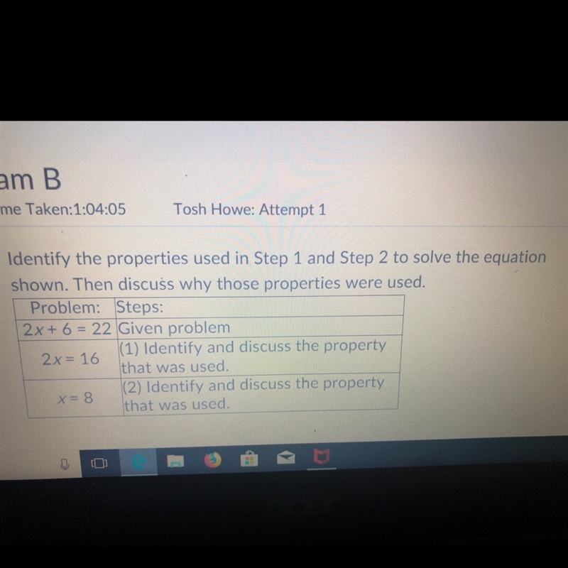 Identify the properties used in step 1 and step 2 to solve the equation shown 2x+6=22 then-example-1