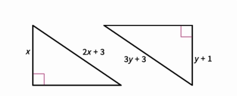 Find the values of x and y that make these triangles congruent by the HL Theorem. 1. x-example-1