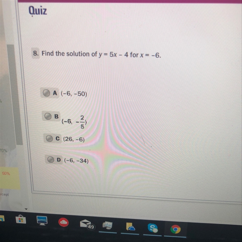 Find the solution of y=5x-4 for x=-6-example-1