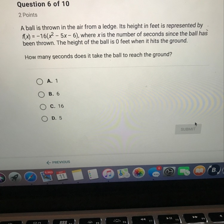 A ball is thrown in the air from a ledge. Its height in feet is represented by f16(2-5x-example-1