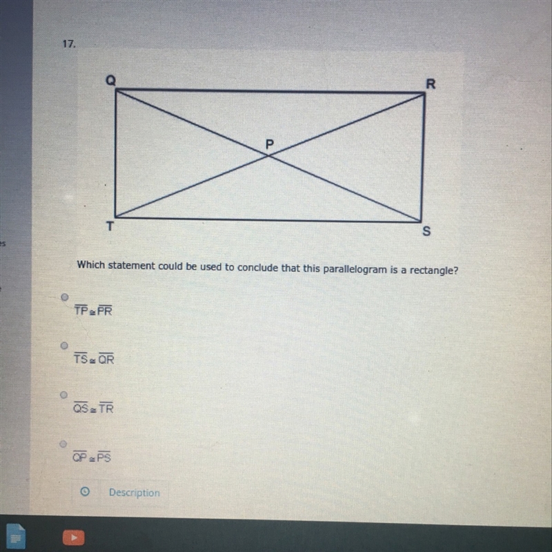 Which statement could be used to conclude that this parallelogram is a rectangle-example-1