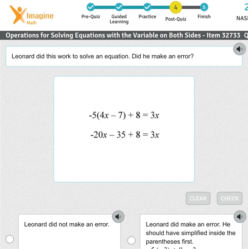 Leonard did this work to solve an equation. Did he make an error?-example-1