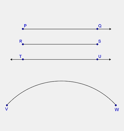 Which is a line segment? A. `bar(PQ)` B. `bar(RS)` C. `bar(TU)` D. `bar(VW)`-example-1