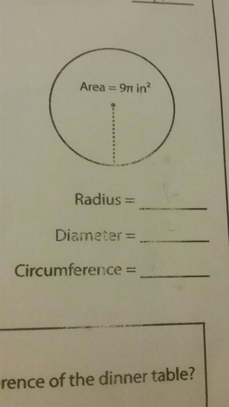 HELP ASAP!! PLZ AND THANK YOU Area =9π in2. What is the radius.-example-1