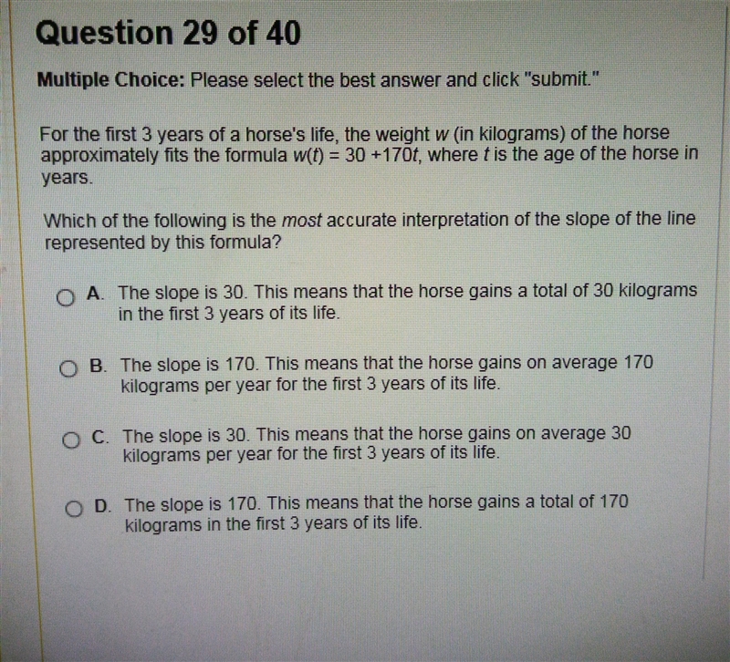 For the first 3 years of a horse's life, the weight w (in kilograms) of the horse-example-1