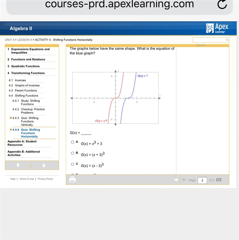 The graphs below have the same shape. What is the equation of the blue graph? Picture-example-1