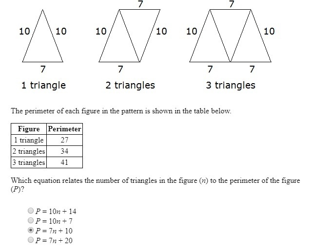 Which equation relates the number of triangles in the figure (n) to the perimeter-example-1