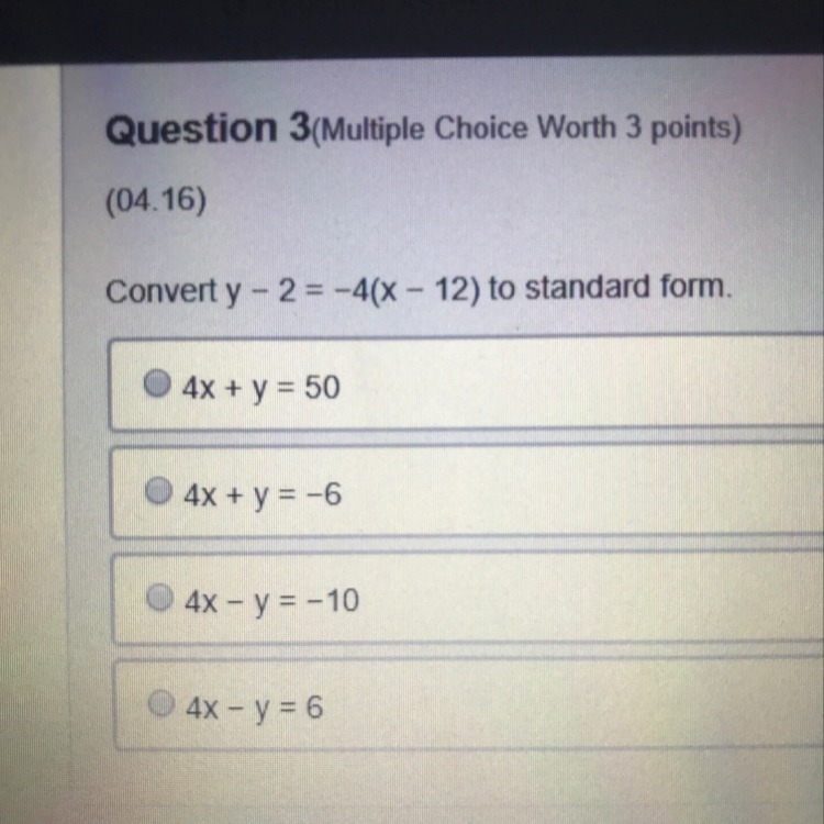 Convert y - 2 = -4(x - 12) to standard form.-example-1