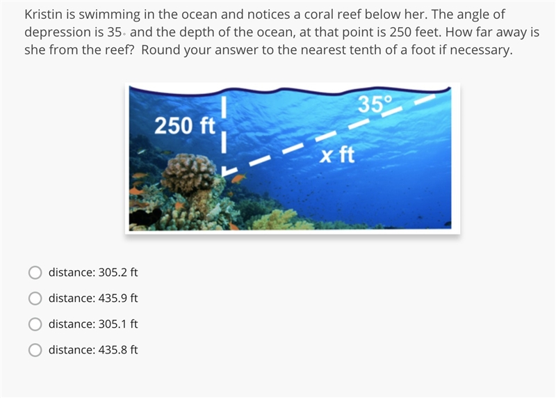 Kristin is swimming in the ocean and notices a coral reef below her. The angle of-example-1