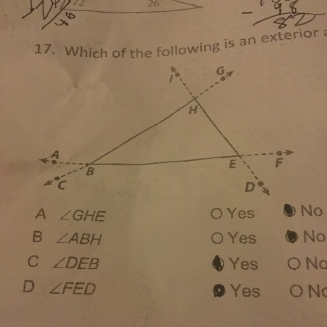 Which of the following is an exterior angle of triangle BHE? Select Yes or no for-example-1