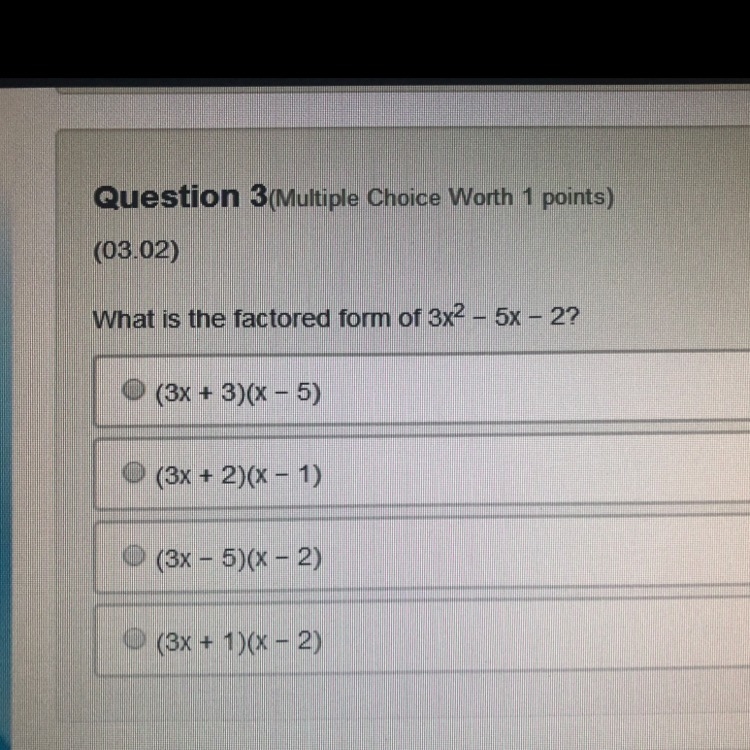 What is the factored form of 3x^2-5x-2-example-1