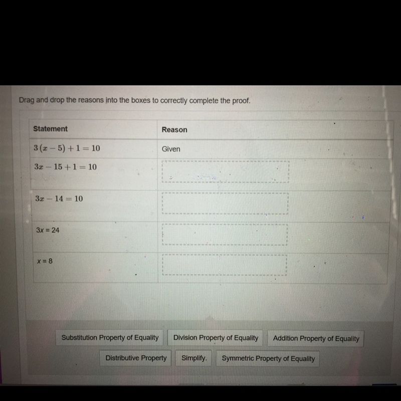 Given: 3 (x-5) + 1 = 10 Prove: x = 8-example-1