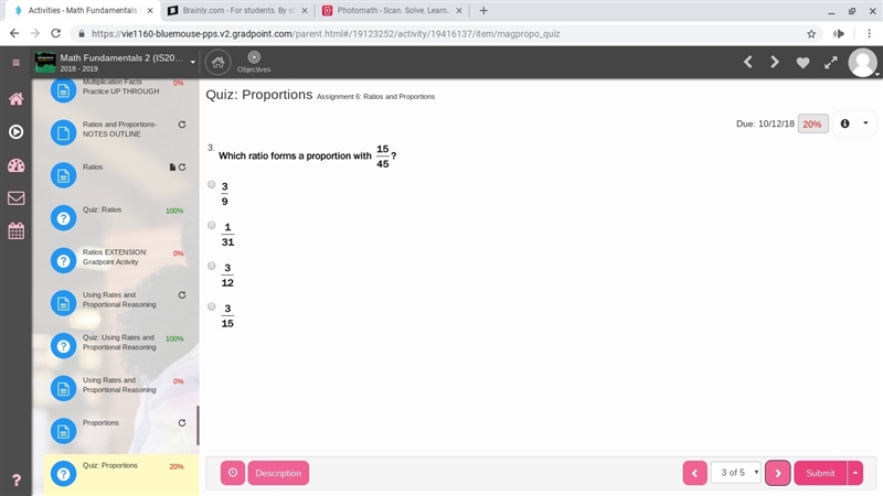 Which ratios forms a proportion with 15/45?-example-1