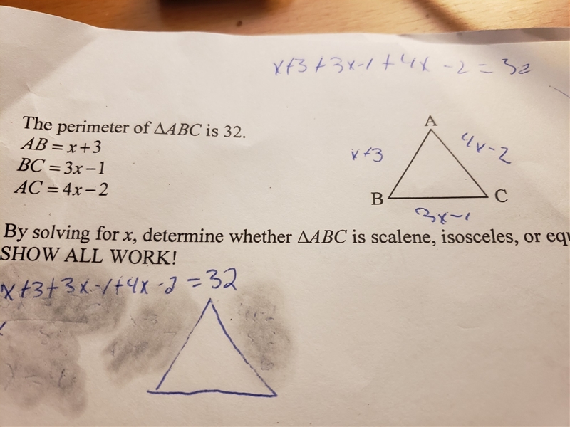 Perimeter of a triangle is 32, sides are x+3, 3x-1 and 4x-2-example-1