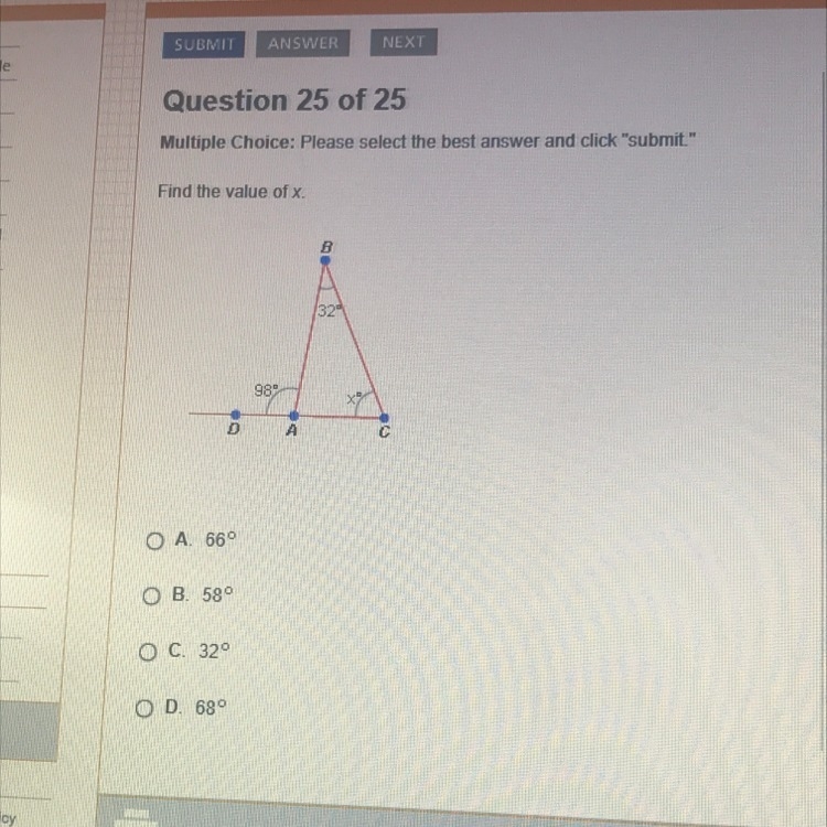 Find the value of X A.66 B.58 C.32 D.68-example-1