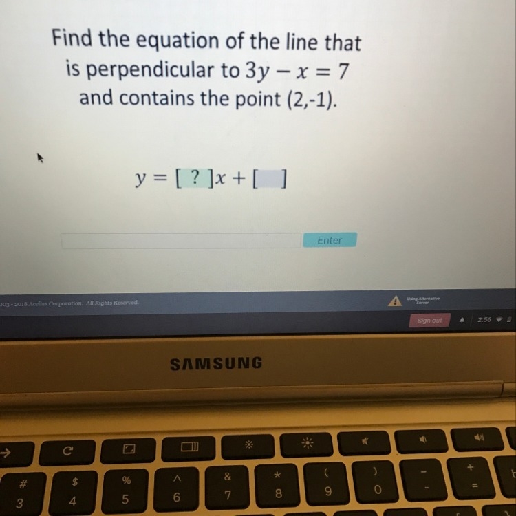 Find the equation of the line that is perpendicular to y=3y-x=7 and contains the point-example-1