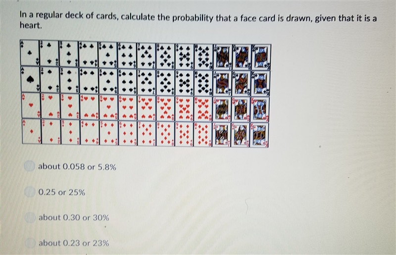 In a regular deck of cards calculate the probability that a face card is drawn given-example-1