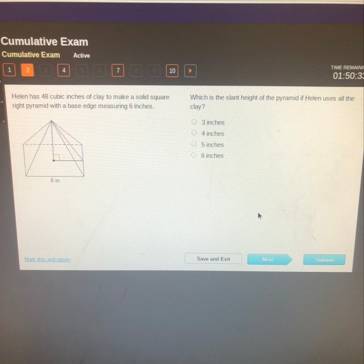 Which is the slant height of the pyramid if Helen uses all the clay-example-1