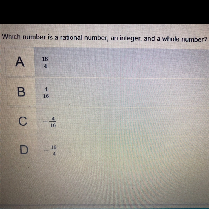 Which number is a rational number, an integer, and a whole number?-example-1