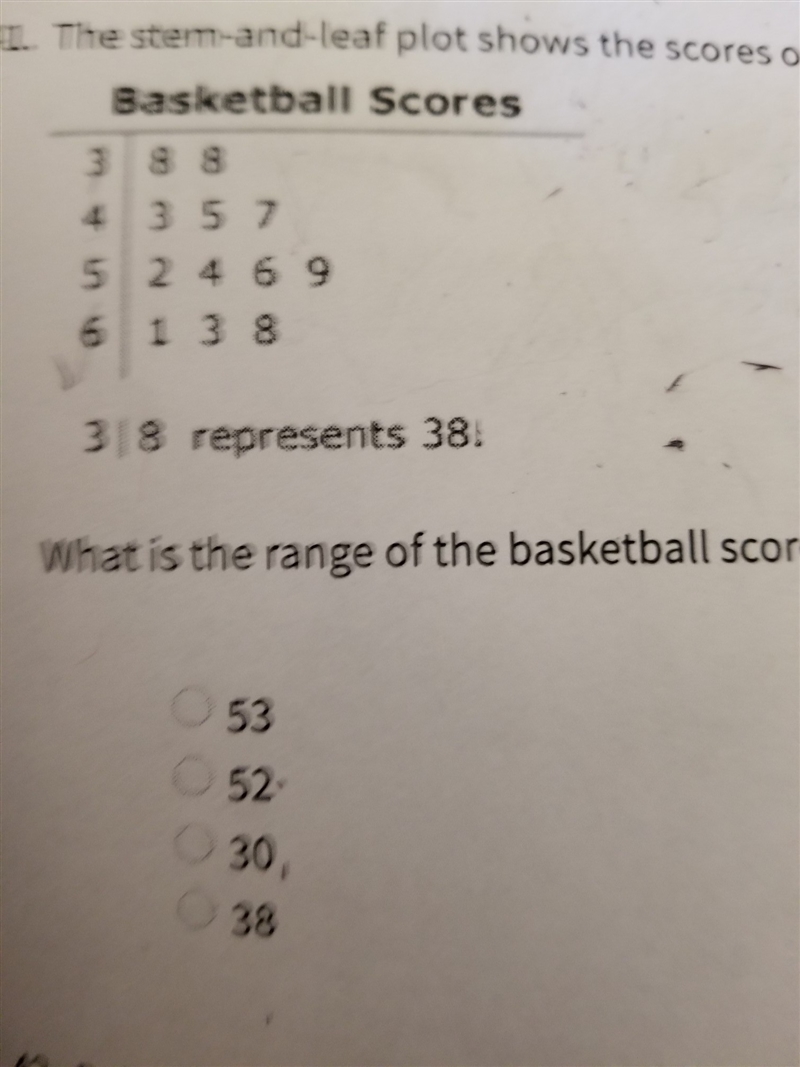 the stem and leaf plot shows the scores of John's basketball team for the year. What-example-1