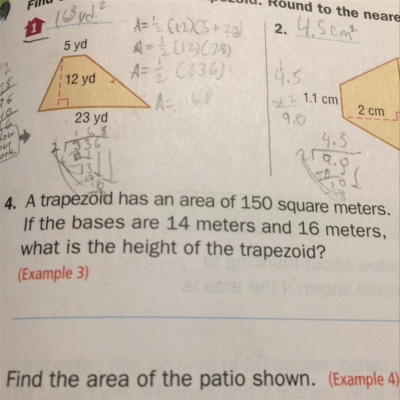 A trapezoid has an area of 150 square meters. If the bases are 14 meters and 16 meters-example-1