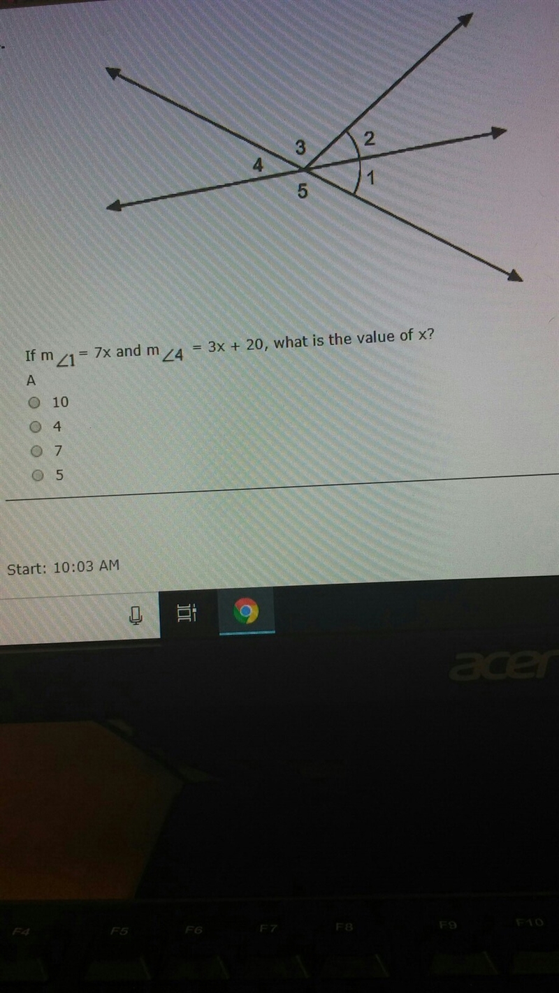 If measure angle 1 equals 7x and measure angle 4 equals 3x+20, what is the value of-example-1