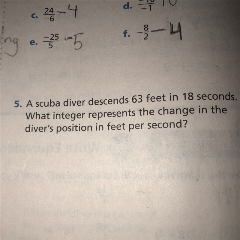 A scuba diver descends 63 feet in 18 seconds. What integer represents the change in-example-1