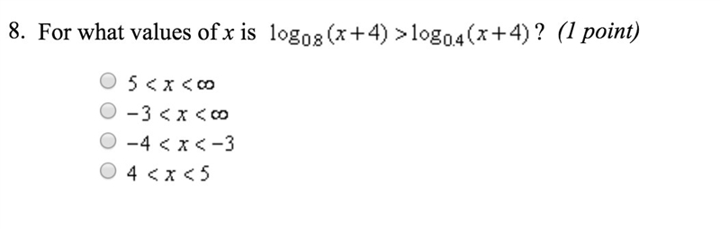 Precalculus help!] For what values of x is log0.8 (x+4) > log0.4 (x+4)-example-1