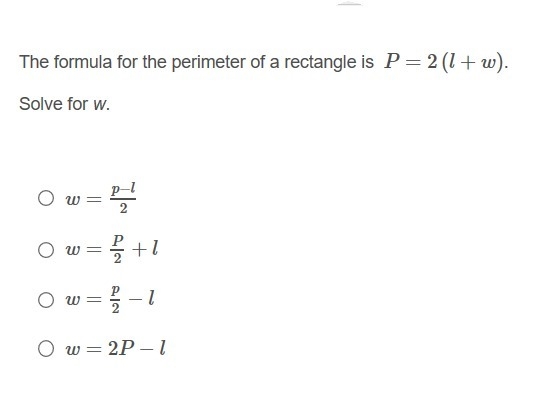 Solve for w p=2(l+w)-example-1