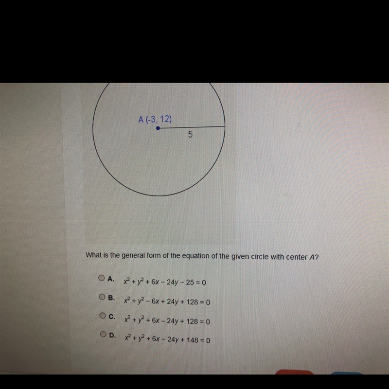 What is the general form of the equation of the given circle with center A-example-1