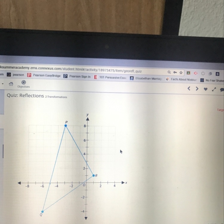 the vertices of tri. PQR are P(-3,8), Q(-6,-4) and R(1,1). If you reflect tri. PQR-example-1