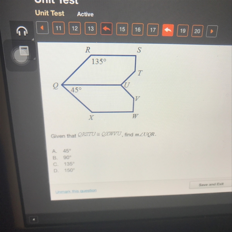 Help ? Geometry given that qrstu is congruent to qxwvu find measure of uqr-example-1