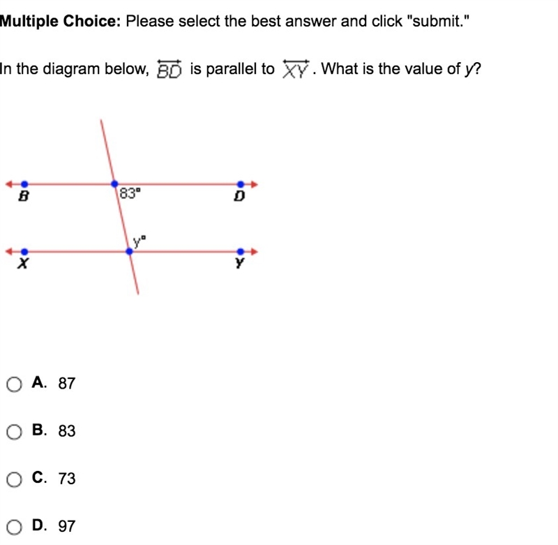 In the diagram below, BD is parallel to XY. What is the value of y?-example-1