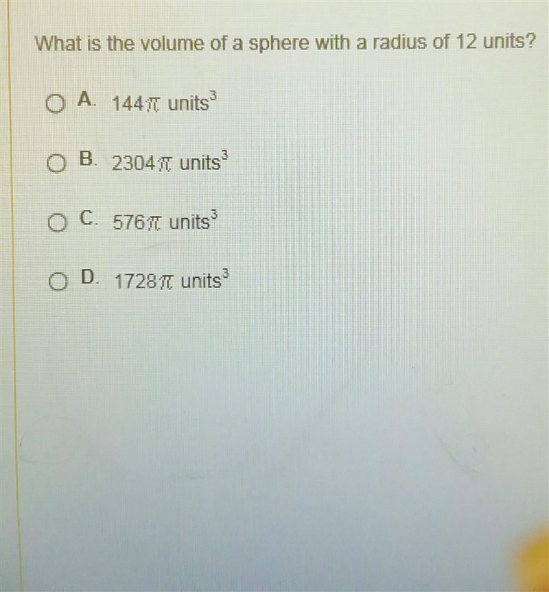 What is the volume of a sphere with a radius of 12 units?-example-1