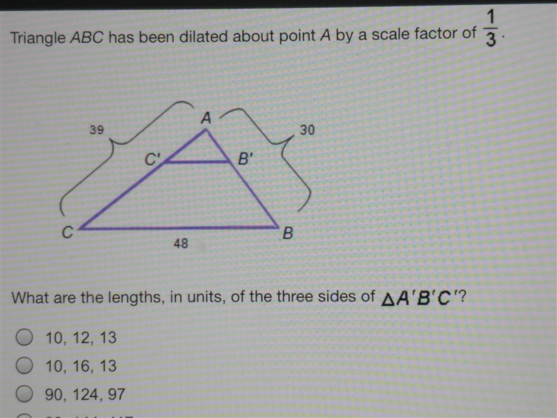 Triangle abc has been dilated about point a by scale a factor of 1/3 What are the-example-1