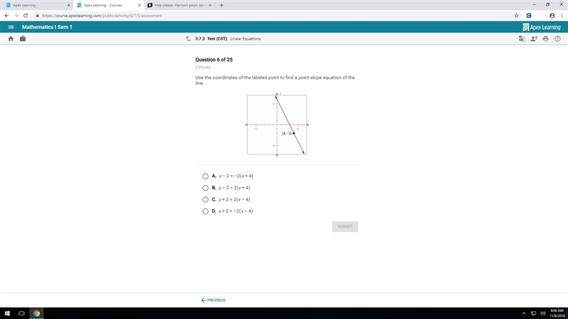 Use the coordinate of the labeled point to find a point-slope equation of the line-example-1