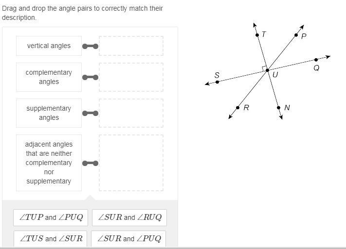 Drag and drop the angle pairs to correctly match their description.-example-1