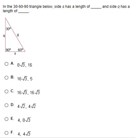 In the 30-60-90 triangle below, side s has a length of ___ and side q has a length-example-1