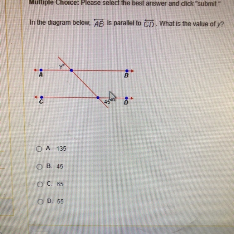 In the diagram below, AB is parallel to CD. What is the value of y?-example-1